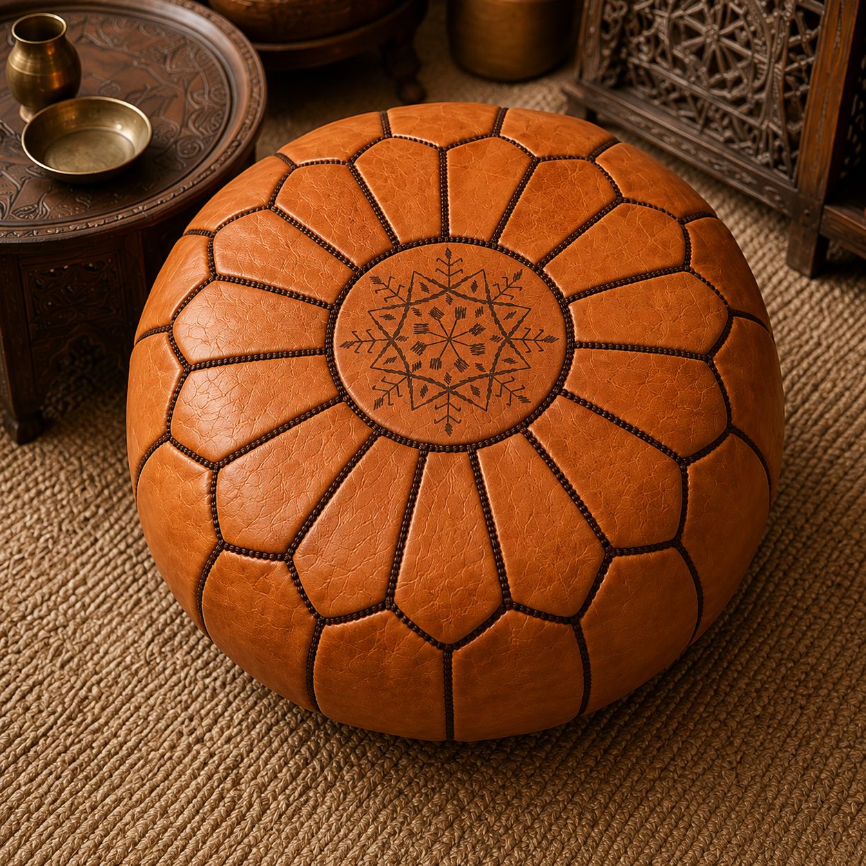 Pouf Marocchino in Pelle Artigianale – Arancio Terracotta