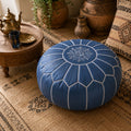 Pouf Marocchino in Pelle Artigianale – Blu Navy