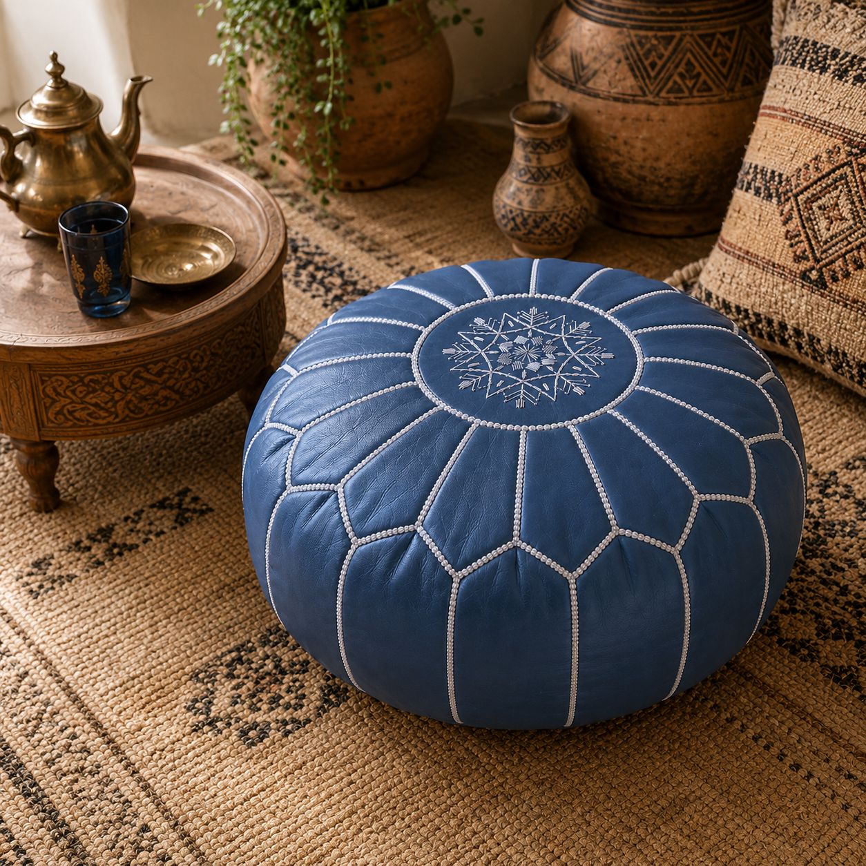 Pouf Marocchino in Pelle Artigianale – Blu Navy
