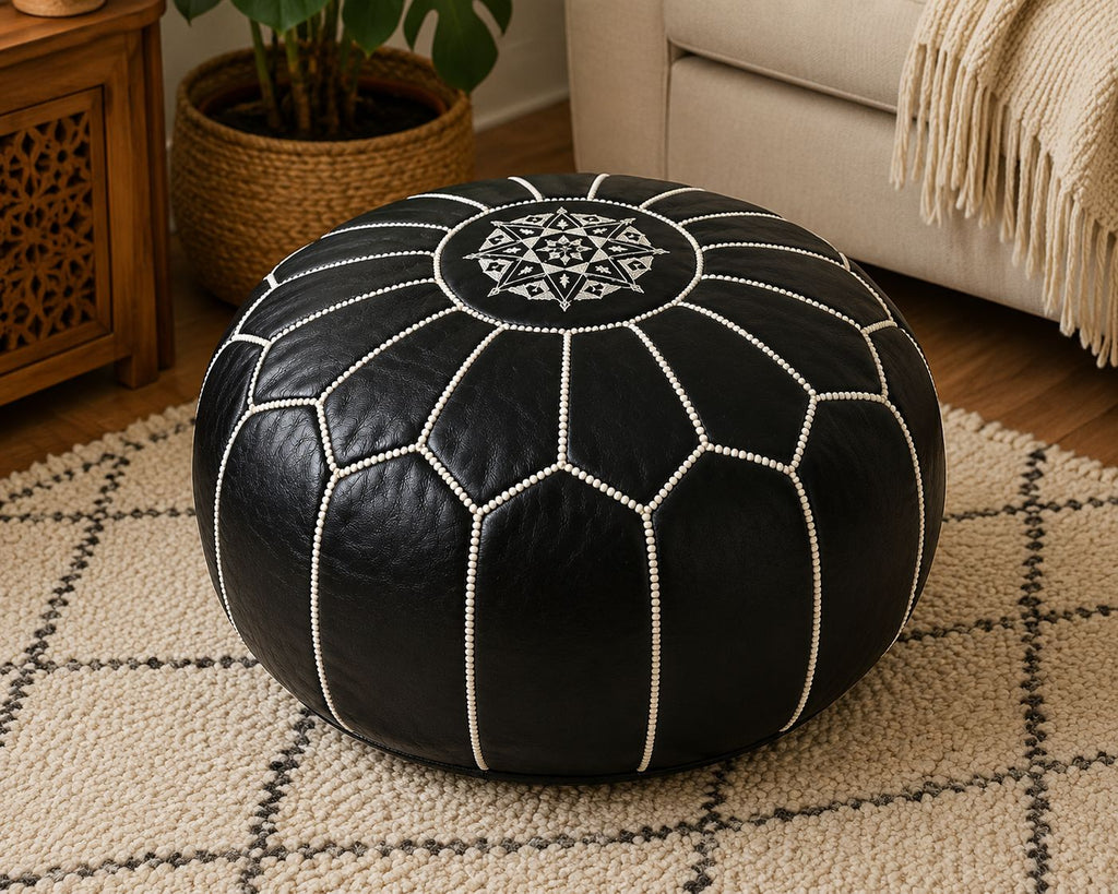 Pouf Marocchino in Pelle Artigianale – Nero