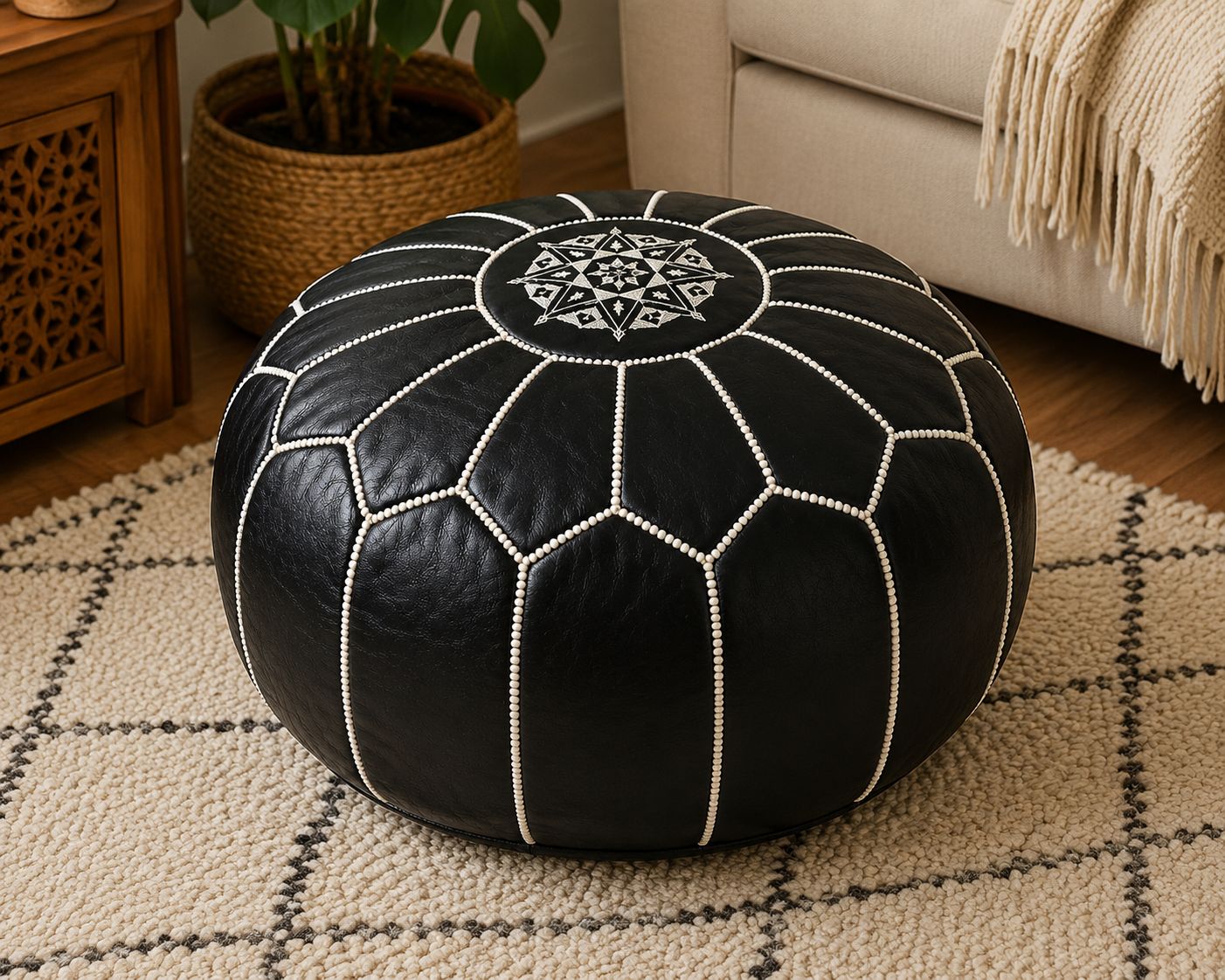 Pouf Marocchino in Pelle Artigianale – Nero