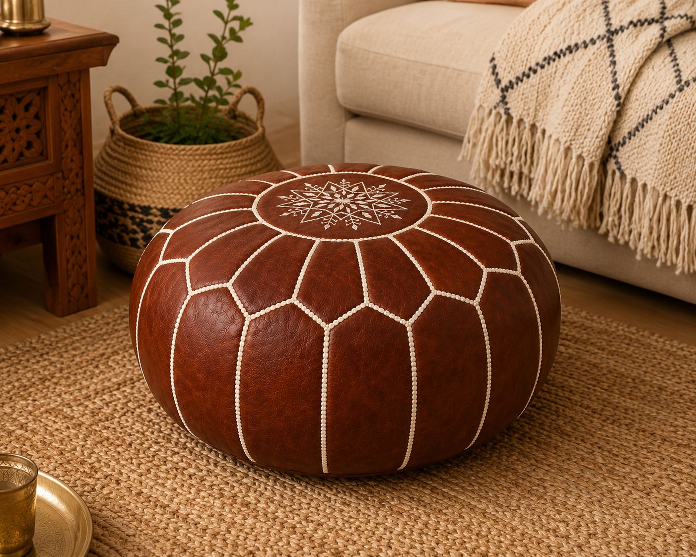 Pouf Marocchino in Pelle Artigianale – Marrone