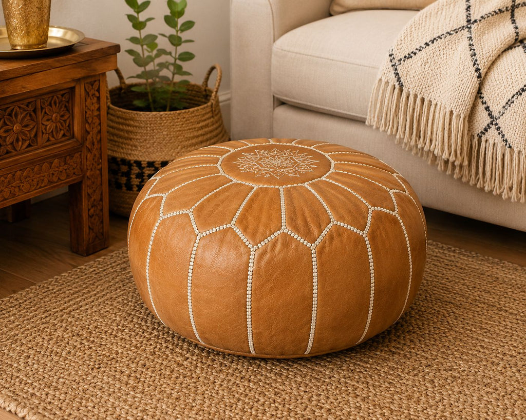 Pouf Marocchino in Pelle Artigianale – Giallo Ocra