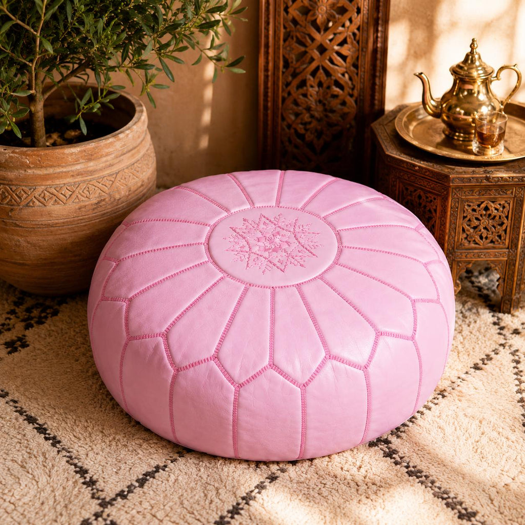 Pouf Marocchino in Pelle Artigianale – Rosa
