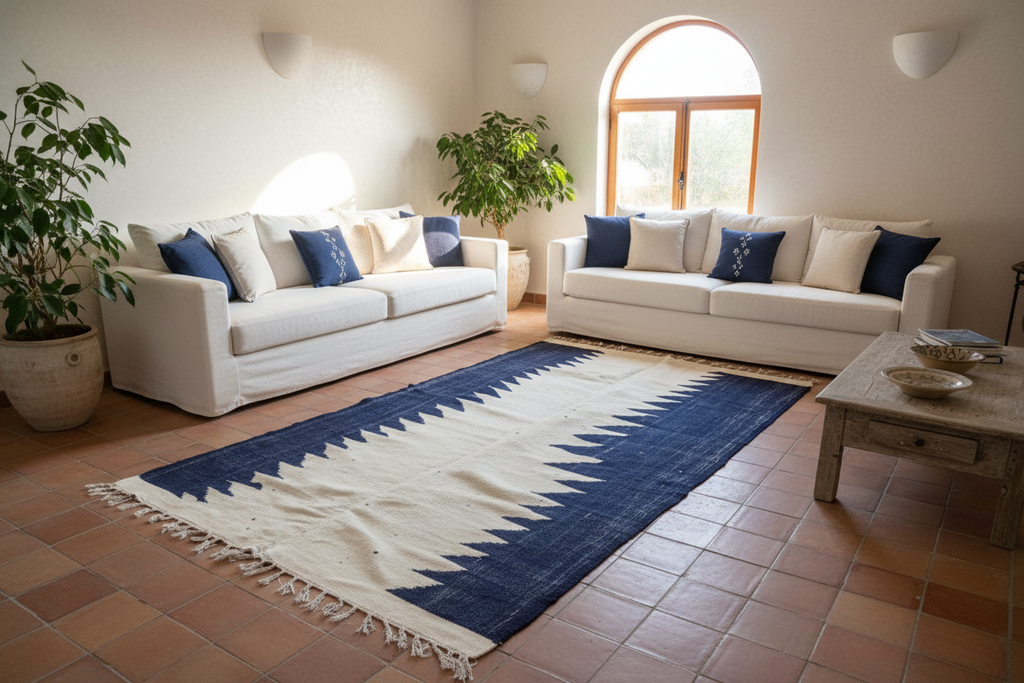 AMAYAS Tappeto Berbero Kilim Bicolore Blu Notte - ambientato