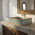 Lavabo Terracotta Rettangolare Zellige - motivi marocchini in turchese e bianco dipinti a mano