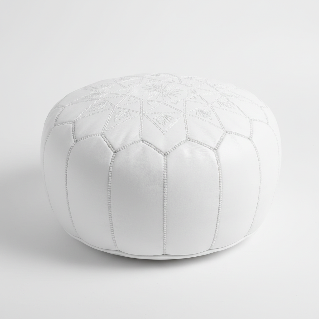 Pouf Cuoio Bianco marocchino artigianale elegante