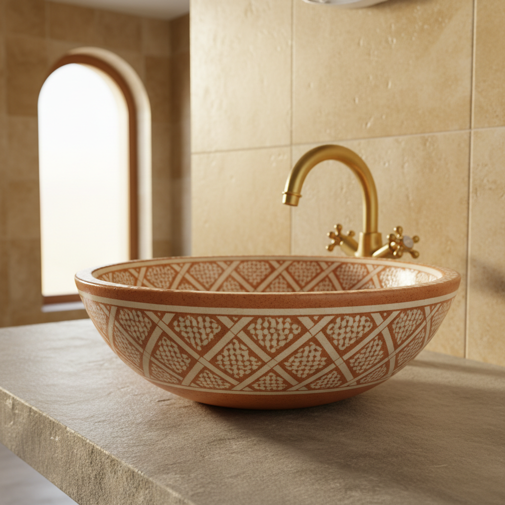 Lavabo Artigianale Terracotta & Oro - ceramica marocchina dipinta a mano con motivi geometrici