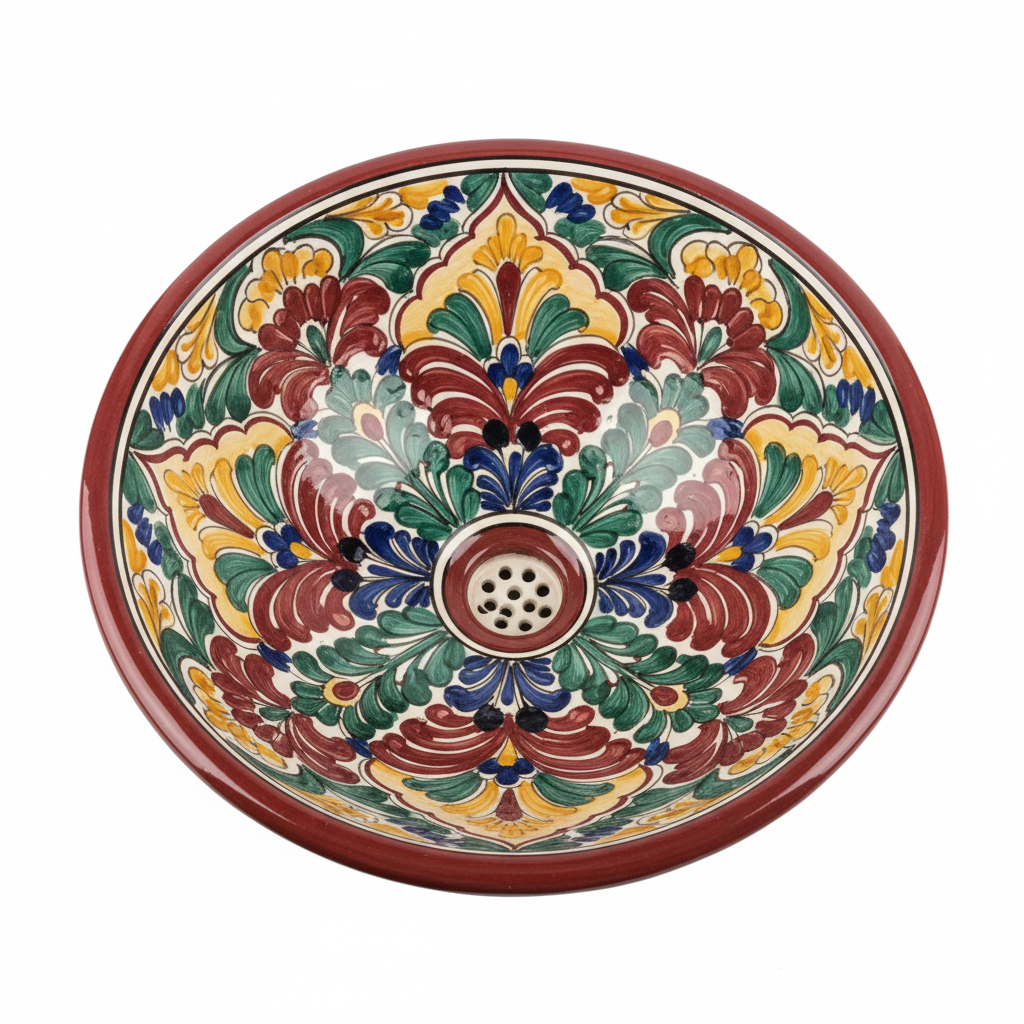 Lavabo Terracotta Rotondo Floreale dipinto a mano smaltato